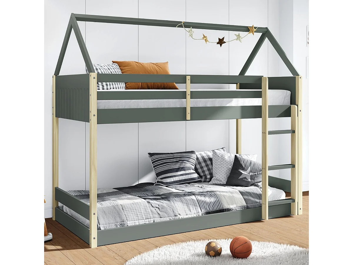 Lit superposé avec premier couchage au sol 90x190 en MDF laqué vert kaki et pin naturel - LILAS