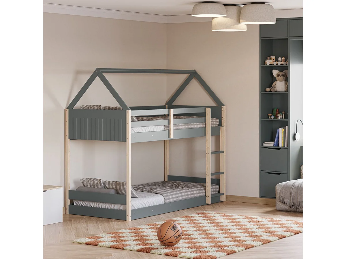 Lit superposé avec premier couchage au sol 90x190 en MDF laqué vert kaki et pin naturel - LILAS