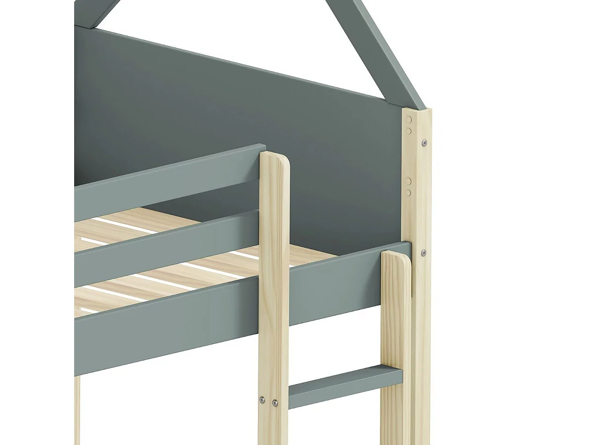 Lit superposé avec premier couchage au sol 90x190 en MDF laqué vert kaki et pin naturel - LILAS