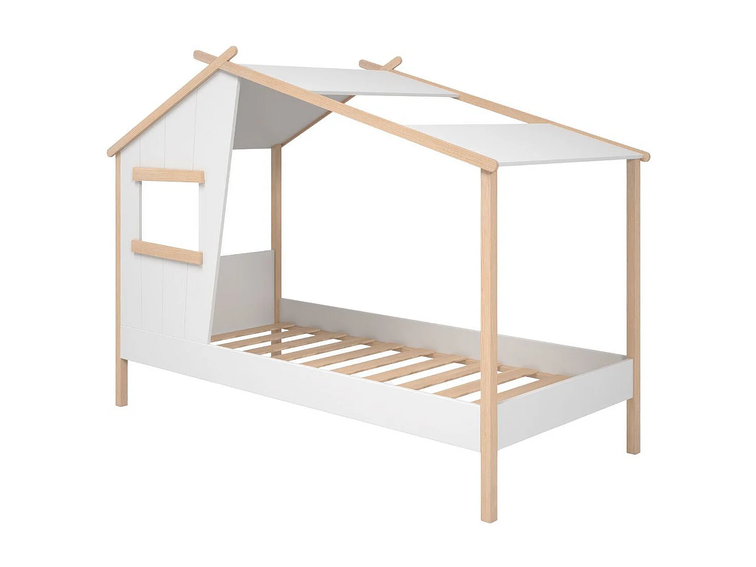 Lit maison 90x190 avec fenêtre en pin massif naturel et MDF laqué blanc - LUBINA