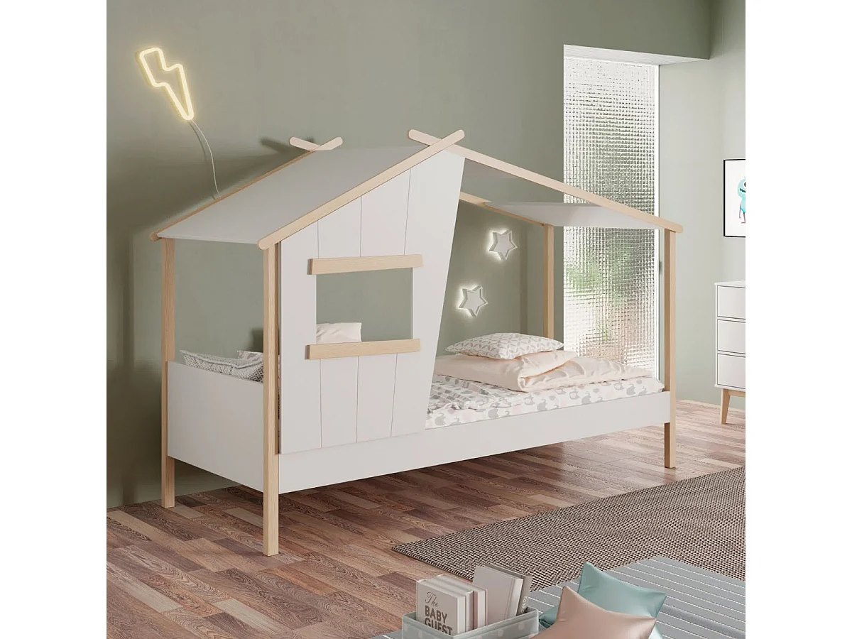 Lit maison 90x190 avec fenêtre en pin massif naturel et MDF laqué blanc - LUBINA