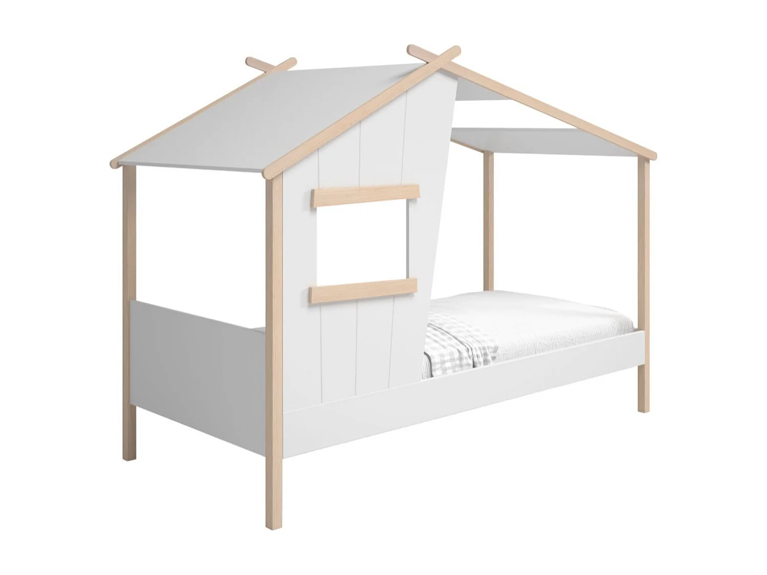 Lit maison 90x190 avec fenêtre en pin massif naturel et MDF laqué blanc - LUBINA