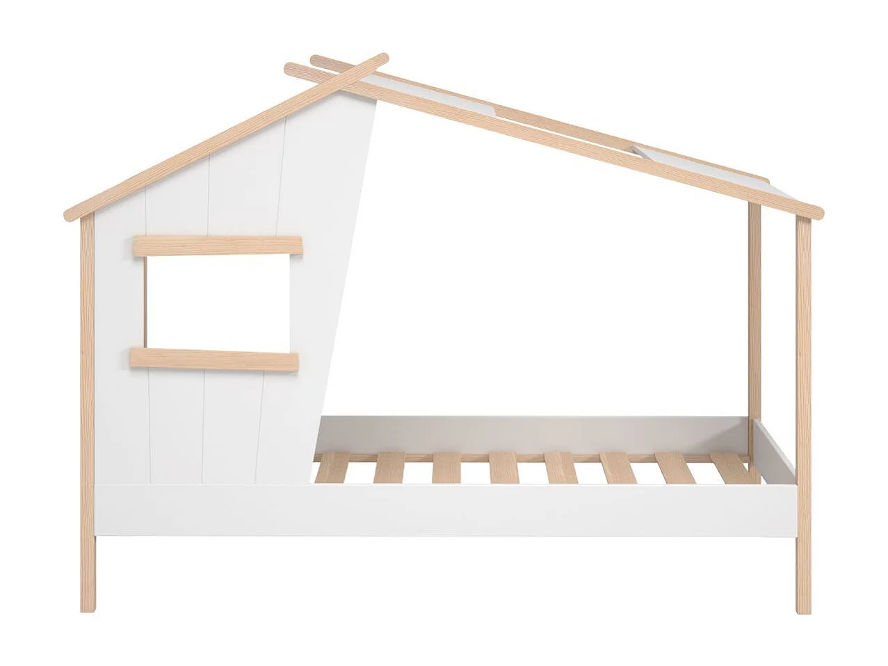 Lit maison 90x190 avec fenêtre en pin massif naturel et MDF laqué blanc - LUBINA