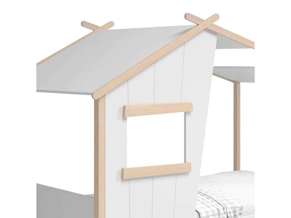 Lit maison 90x190 avec fenêtre en pin massif naturel et MDF laqué blanc - LUBINA