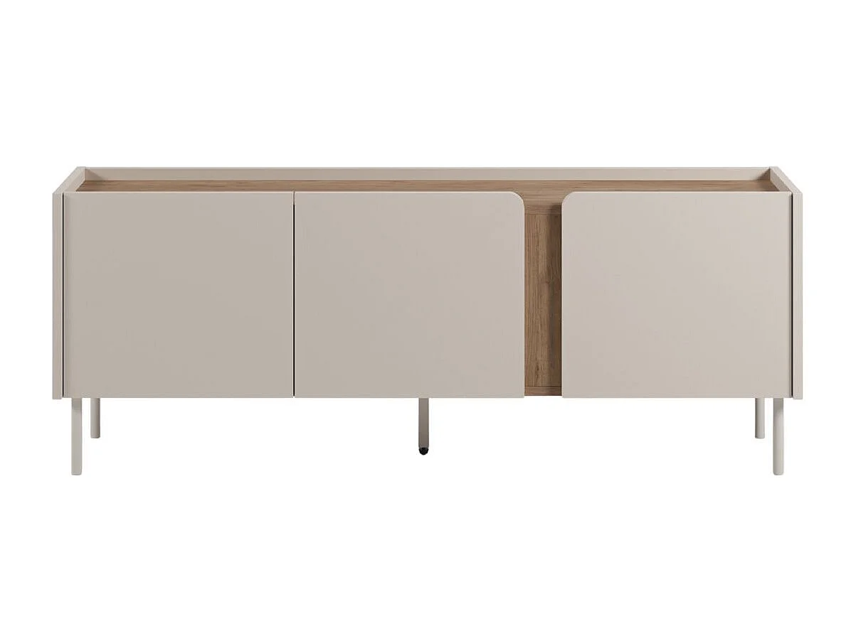 Meuble TV 3 portes 140cm en mélaminé beige et imitation bois avec découpe graphique bandeau - LIWENN