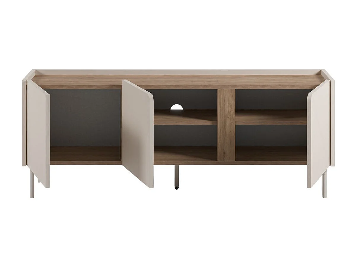 Meuble TV 3 portes 140cm en mélaminé beige et imitation bois avec découpe graphique bandeau - LIWENN