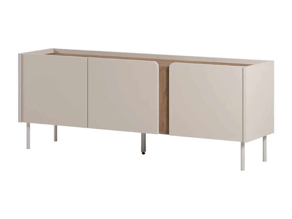 Meuble TV 3 portes 140cm en mélaminé beige et imitation bois avec découpe graphique bandeau - LIWENN