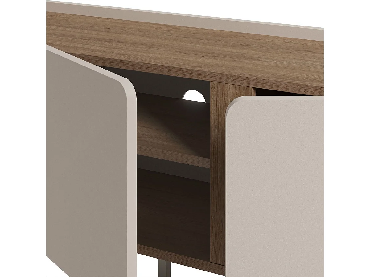 Meuble TV 3 portes 140cm en mélaminé beige et imitation bois avec découpe graphique bandeau - LIWENN