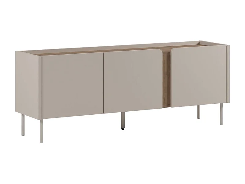 Meuble TV 3 portes 140cm en mélaminé beige et imitation bois avec découpe graphique bandeau - LIWENN