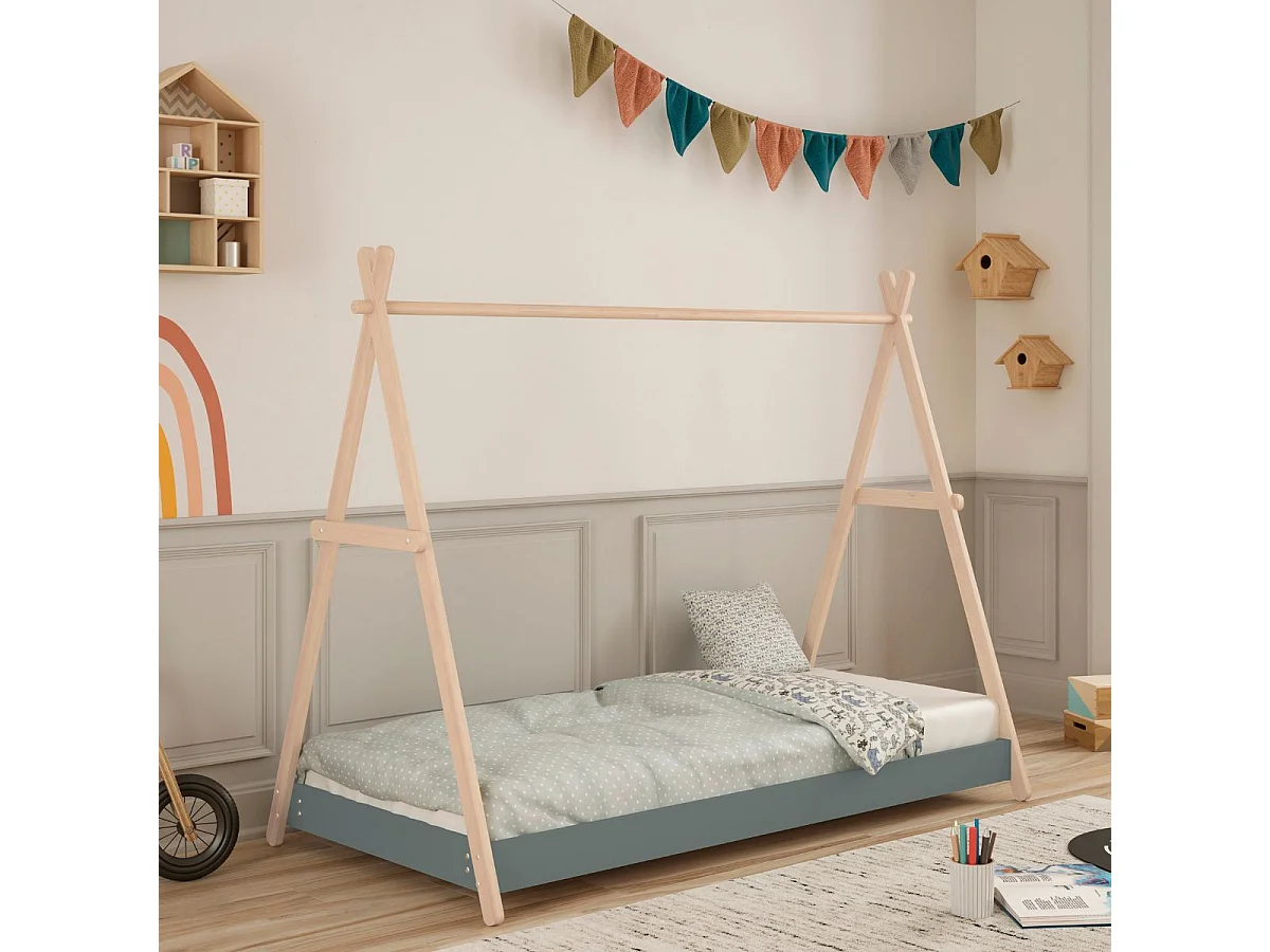 Lit tipi 90x200cm hauteur réglable en MDF laqué vert kaki et pin massif naturel - KANOA
