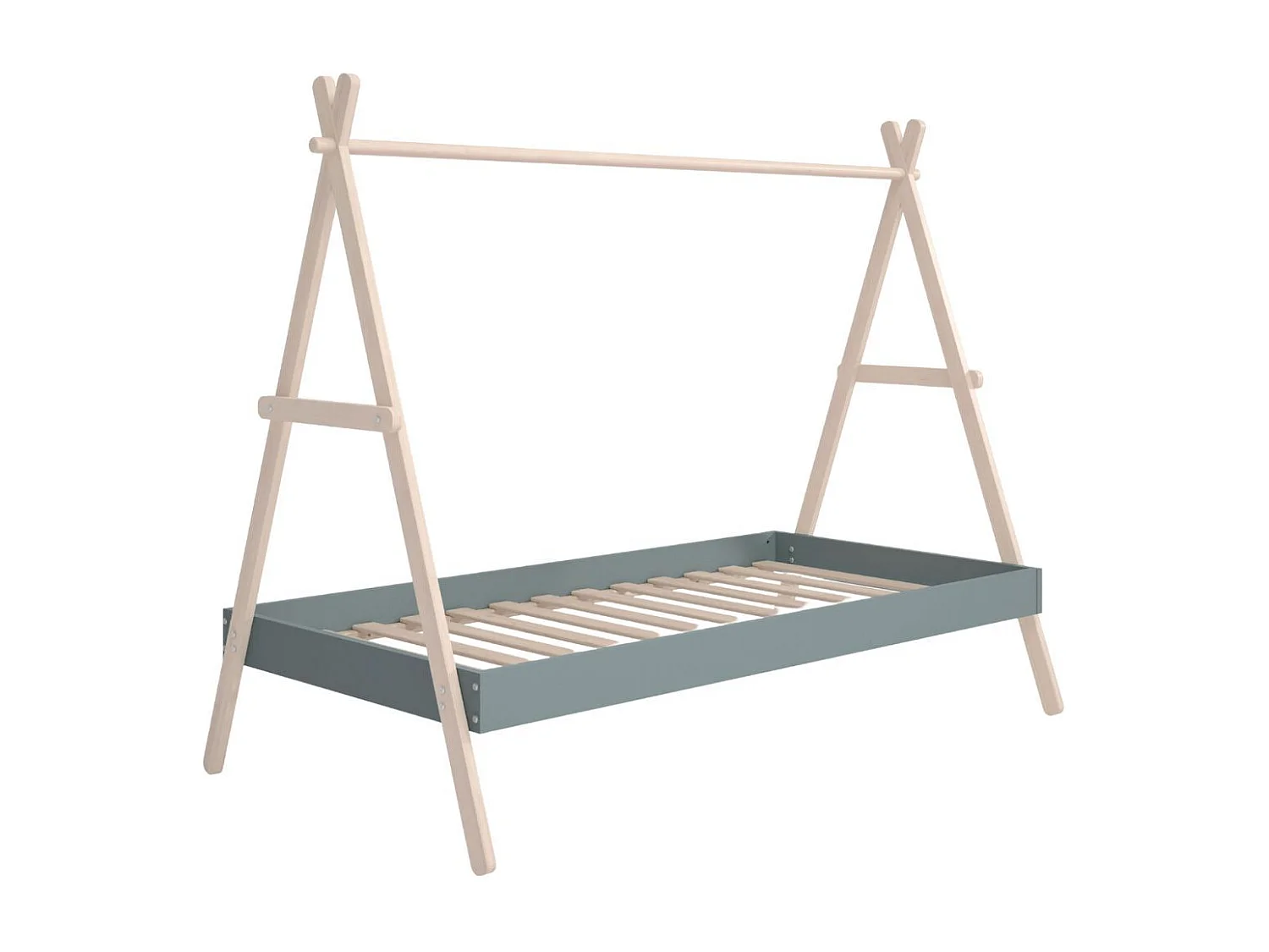 Lit tipi 90x200cm hauteur réglable en MDF laqué vert kaki et pin massif naturel - KANOA