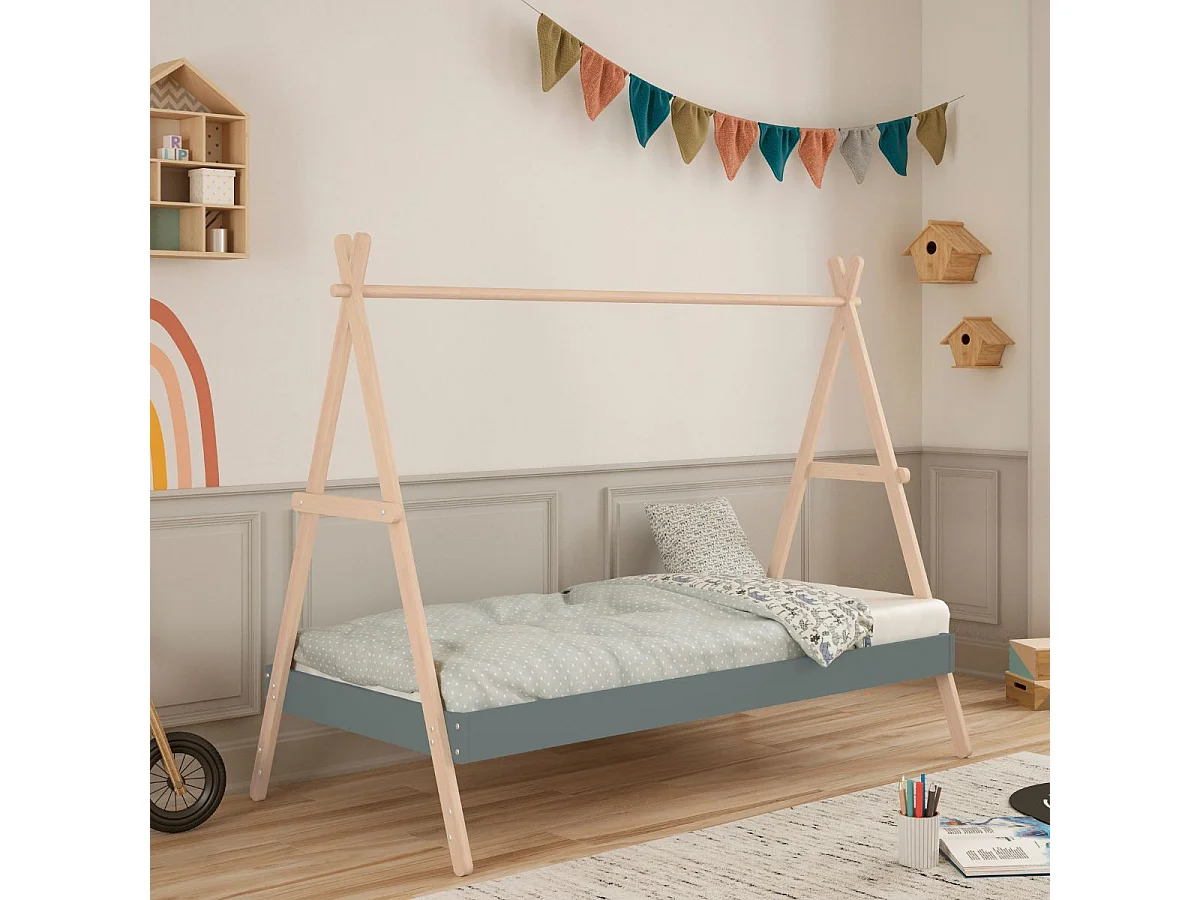 Lit tipi 90x200cm hauteur réglable en MDF laqué vert kaki et pin massif naturel - KANOA