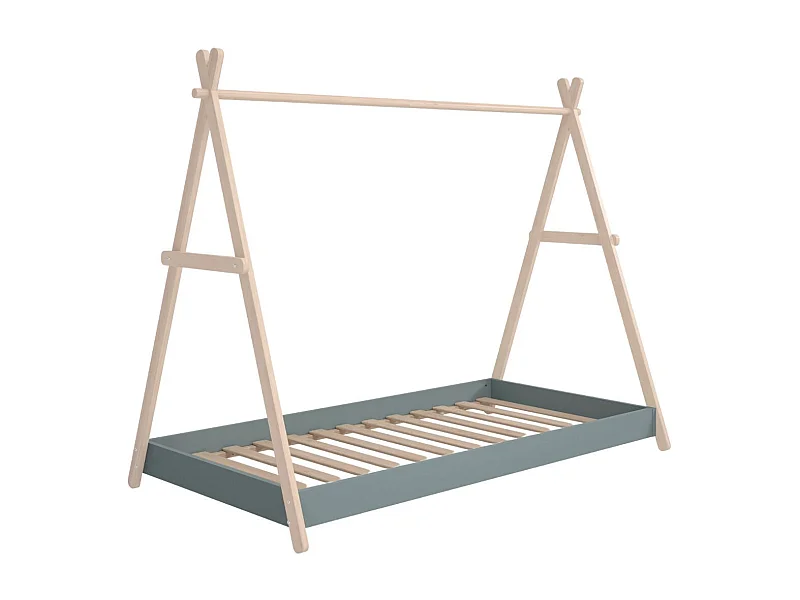 Lit tipi 90x200cm hauteur réglable en MDF laqué vert kaki et pin massif naturel - KANOA