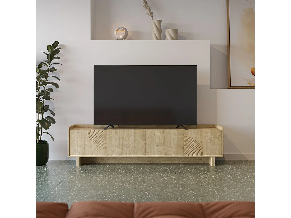 Meuble TV 4 portes 180cm en mélaminé imitation bois décor relief fraisé - RIAD