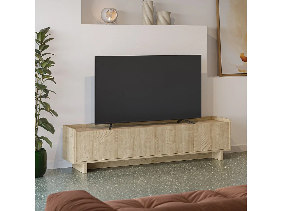 Meuble TV 4 portes 180cm en mélaminé imitation bois décor relief fraisé - RIAD