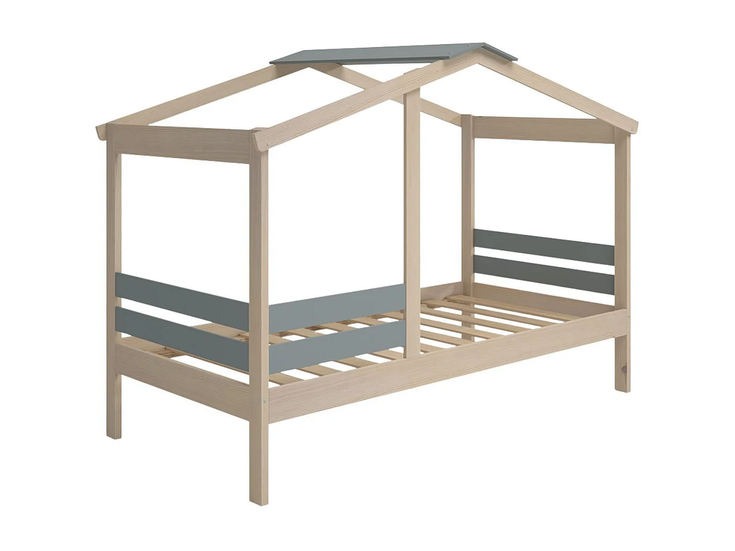 Lit cabane 90x190 avec barrière en pin massif naturel et MDF laqué vert kaki - MESSA