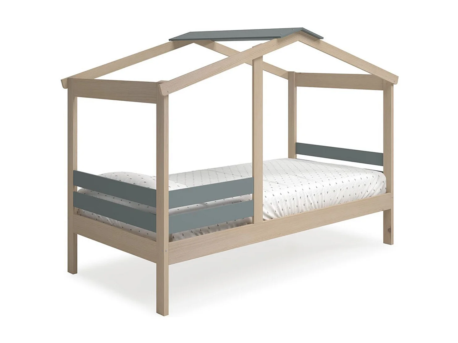 Lit cabane 90x190 avec barrière en pin massif naturel et MDF laqué vert kaki - MESSA
