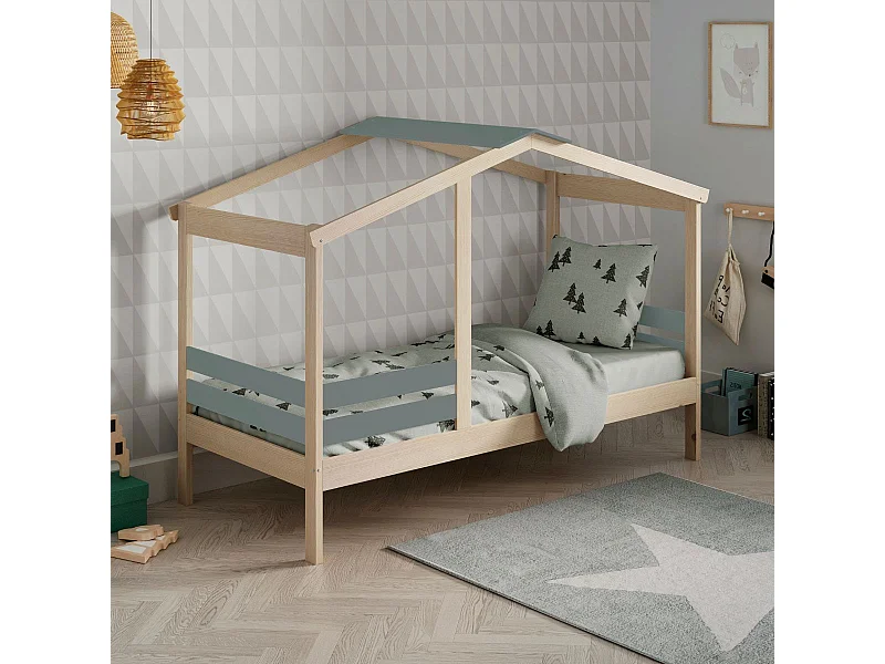 Lit cabane 90x190 avec barrière en pin massif naturel et MDF laqué vert kaki - MESSA