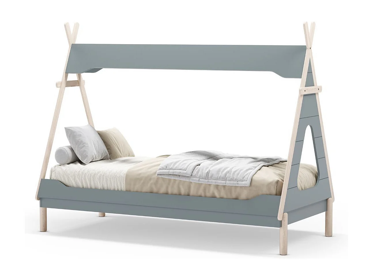 Lit tipi 90x190 en MDF et pin massif laqué vert pétrole et ciré naturel - NOLIAN