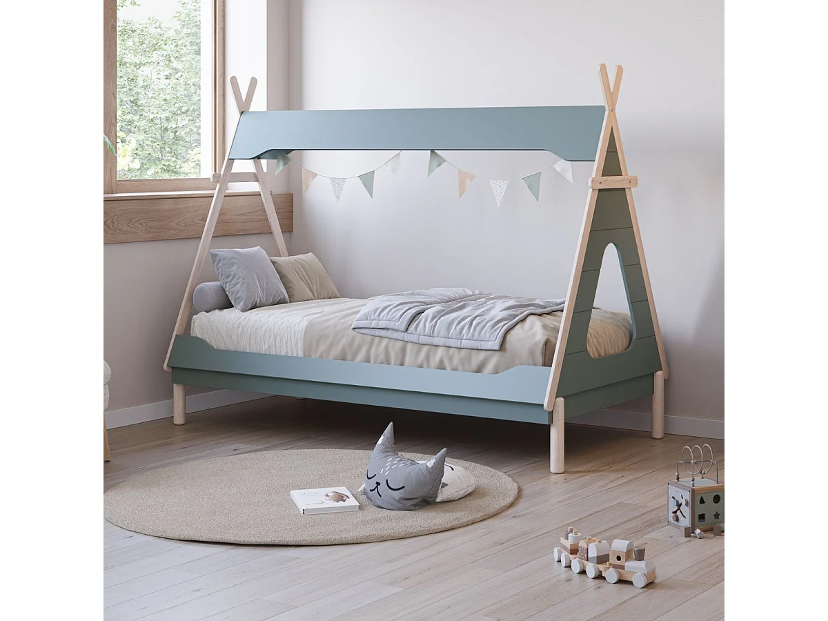 Lit tipi 90x190 en MDF et pin massif laqué vert pétrole et ciré naturel - NOLIAN
