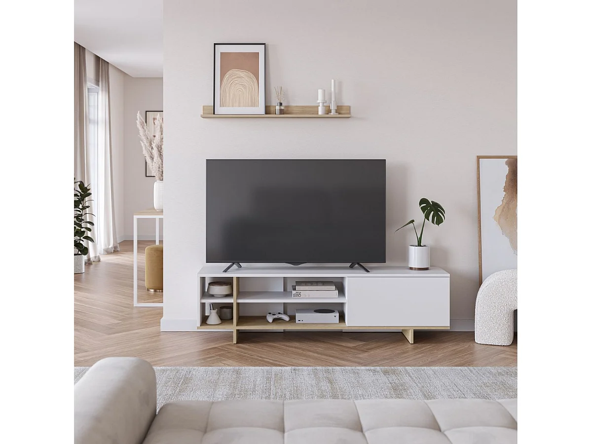 Meuble TV 1 portes 4 niches en mélaminé blanc et imitation bois - ESQUISSE