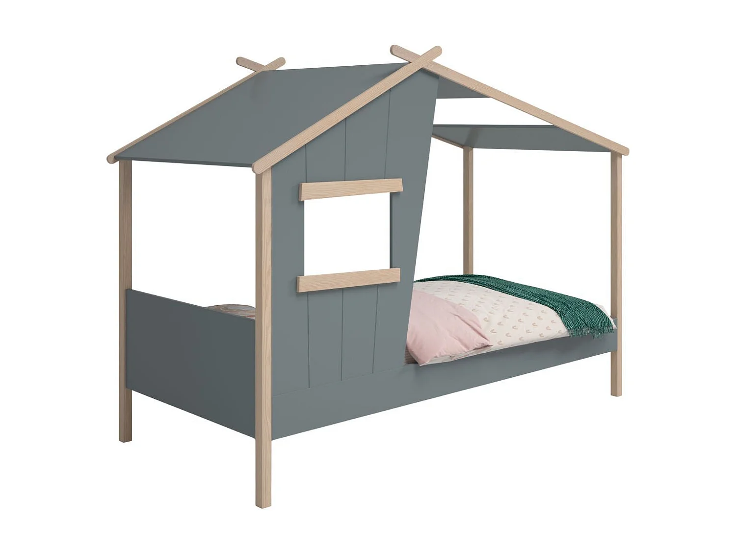 Lit maison 90x190 avec fenêtre en pin massif naturel et MDF laqué vert kaki - LUBINA