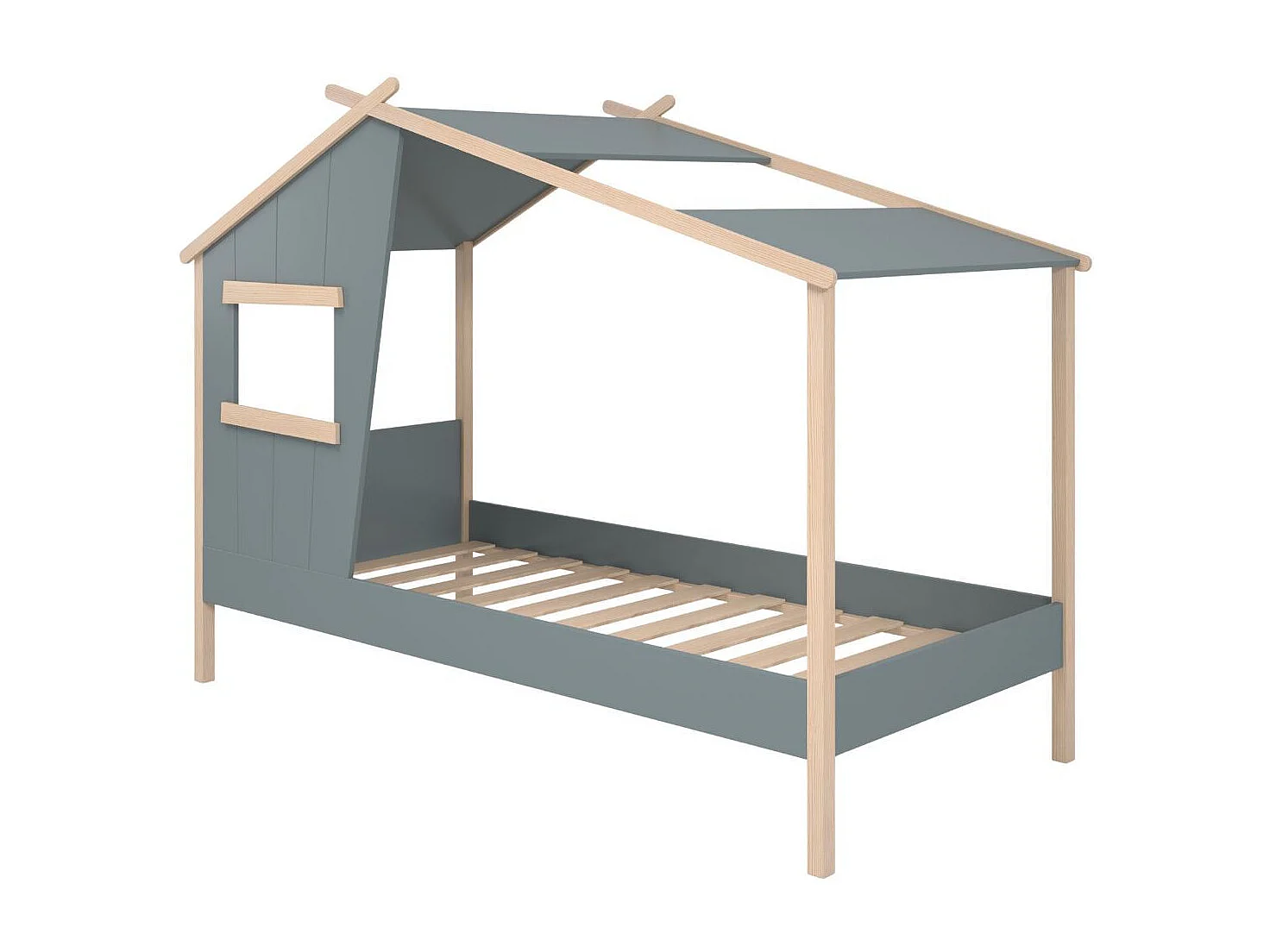 Lit maison 90x190 avec fenêtre en pin massif naturel et MDF laqué vert kaki - LUBINA