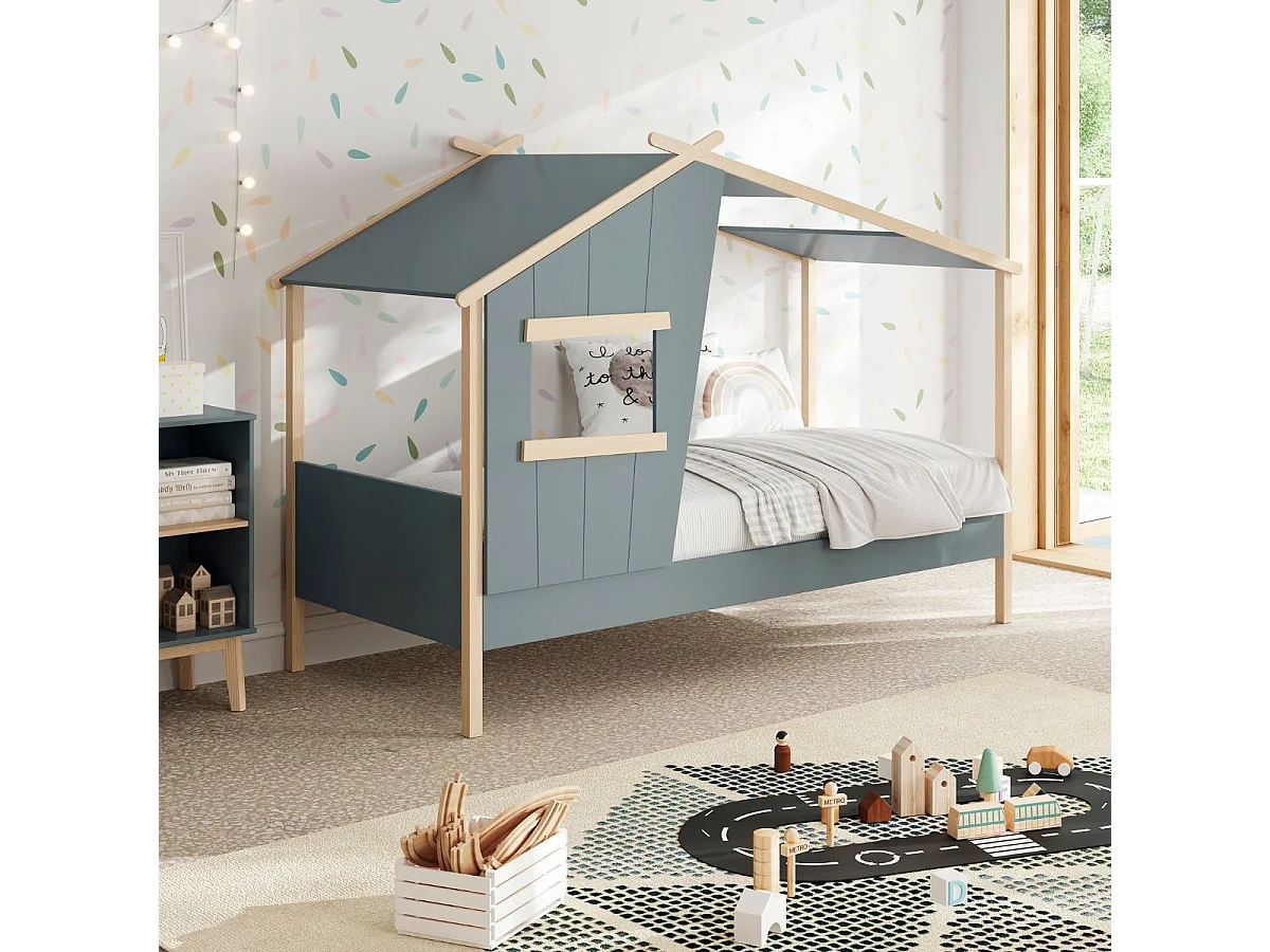 Lit maison 90x190 avec fenêtre en pin massif naturel et MDF laqué vert kaki - LUBINA