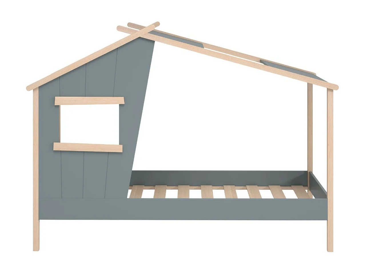 Lit maison 90x190 avec fenêtre en pin massif naturel et MDF laqué vert kaki - LUBINA