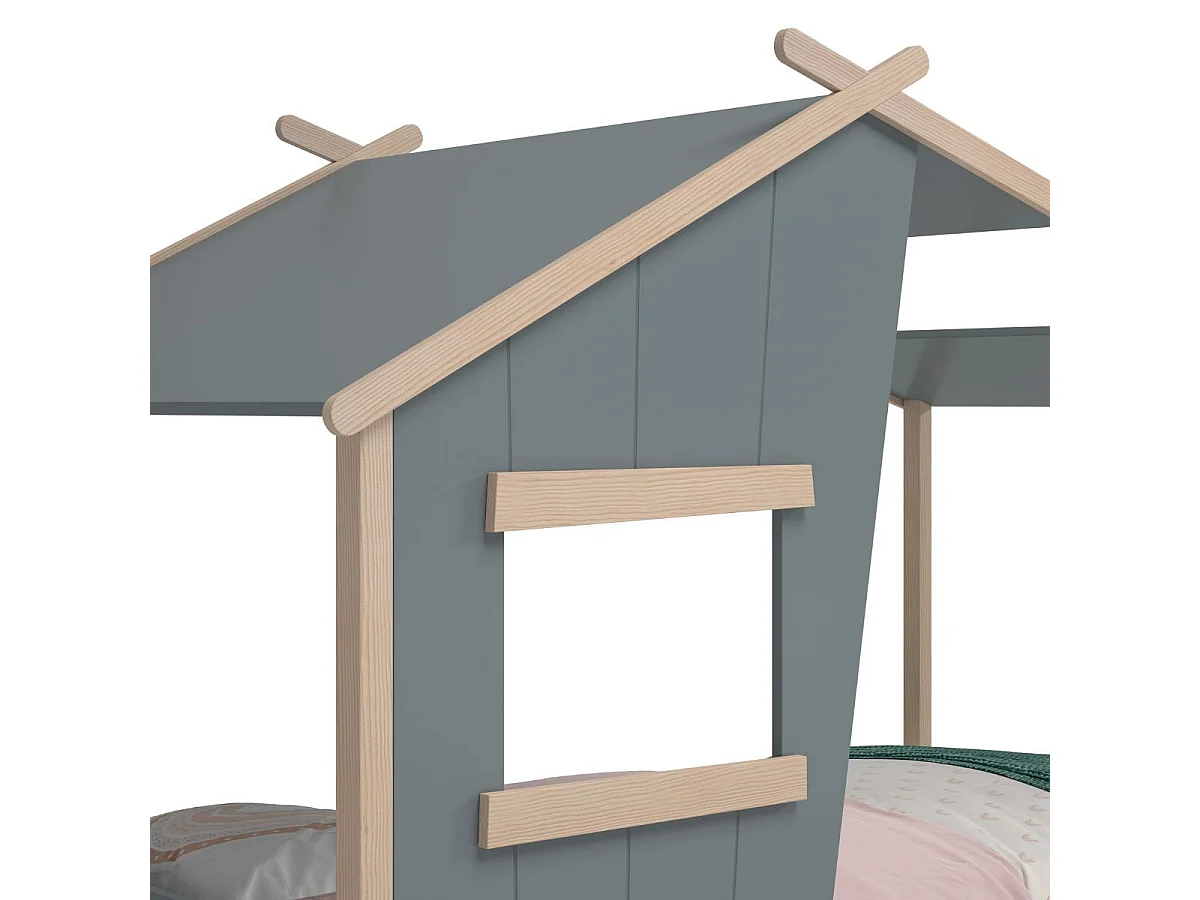 Lit maison 90x190 avec fenêtre en pin massif naturel et MDF laqué vert kaki - LUBINA