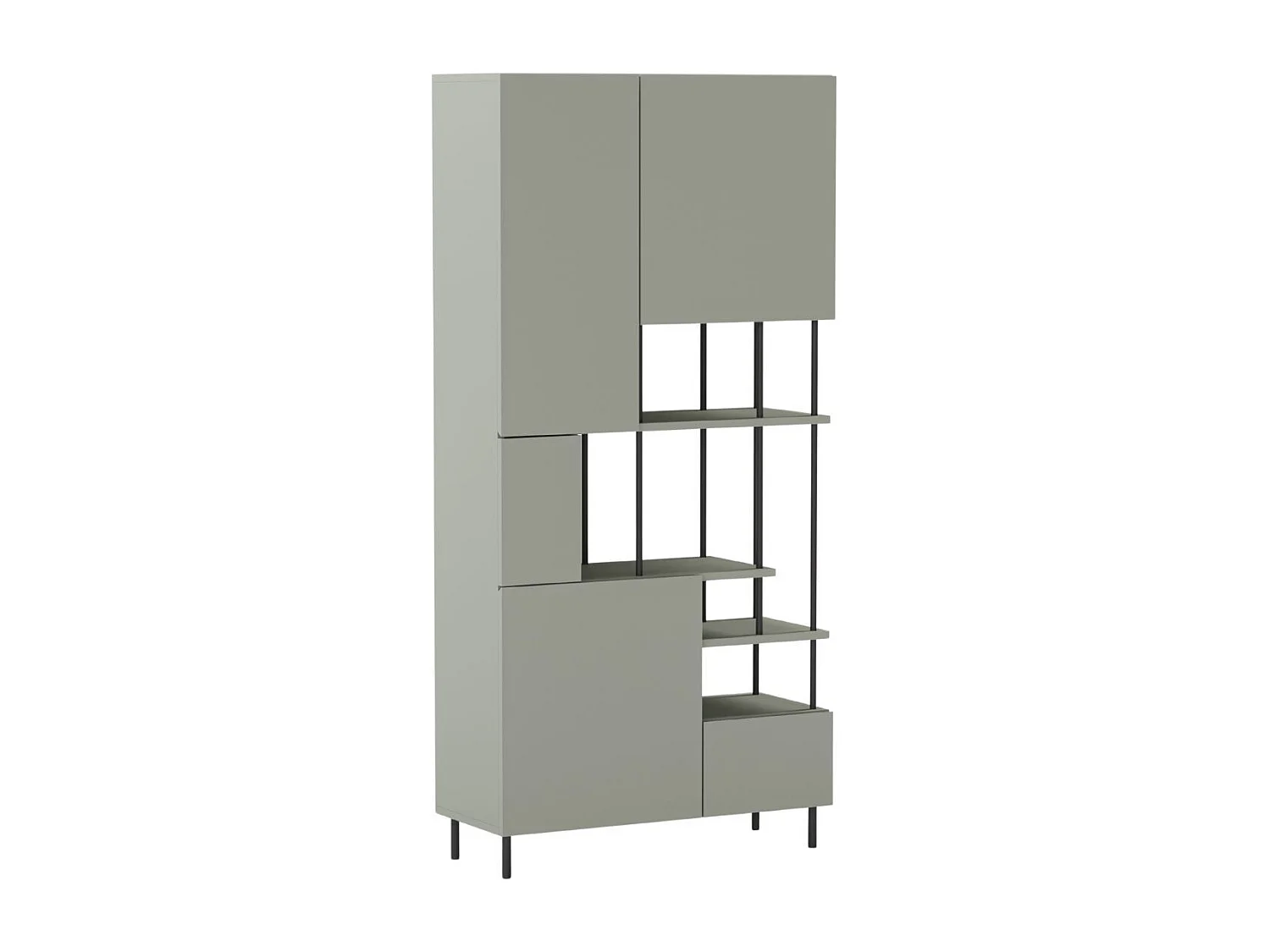 Etagère graphique et asymétrique semi-ouverte 5 portes en mélaminé vert sauge et métal noir - MANEL