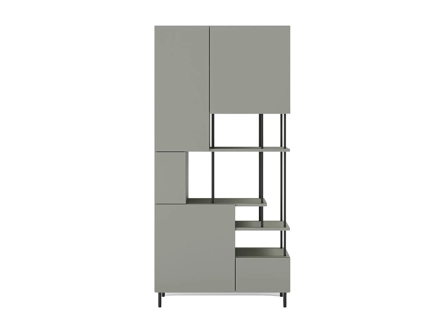 Etagère graphique et asymétrique semi-ouverte 5 portes en mélaminé vert sauge et métal noir - MANEL