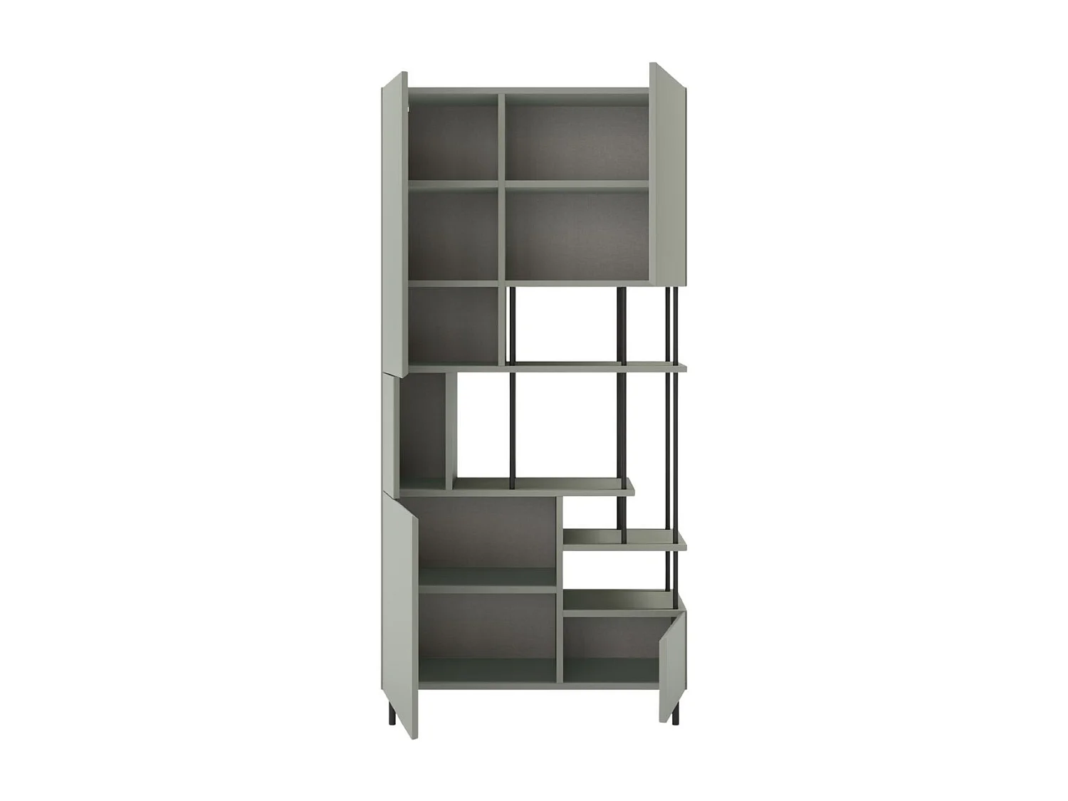 Etagère graphique et asymétrique semi-ouverte 5 portes en mélaminé vert sauge et métal noir - MANEL