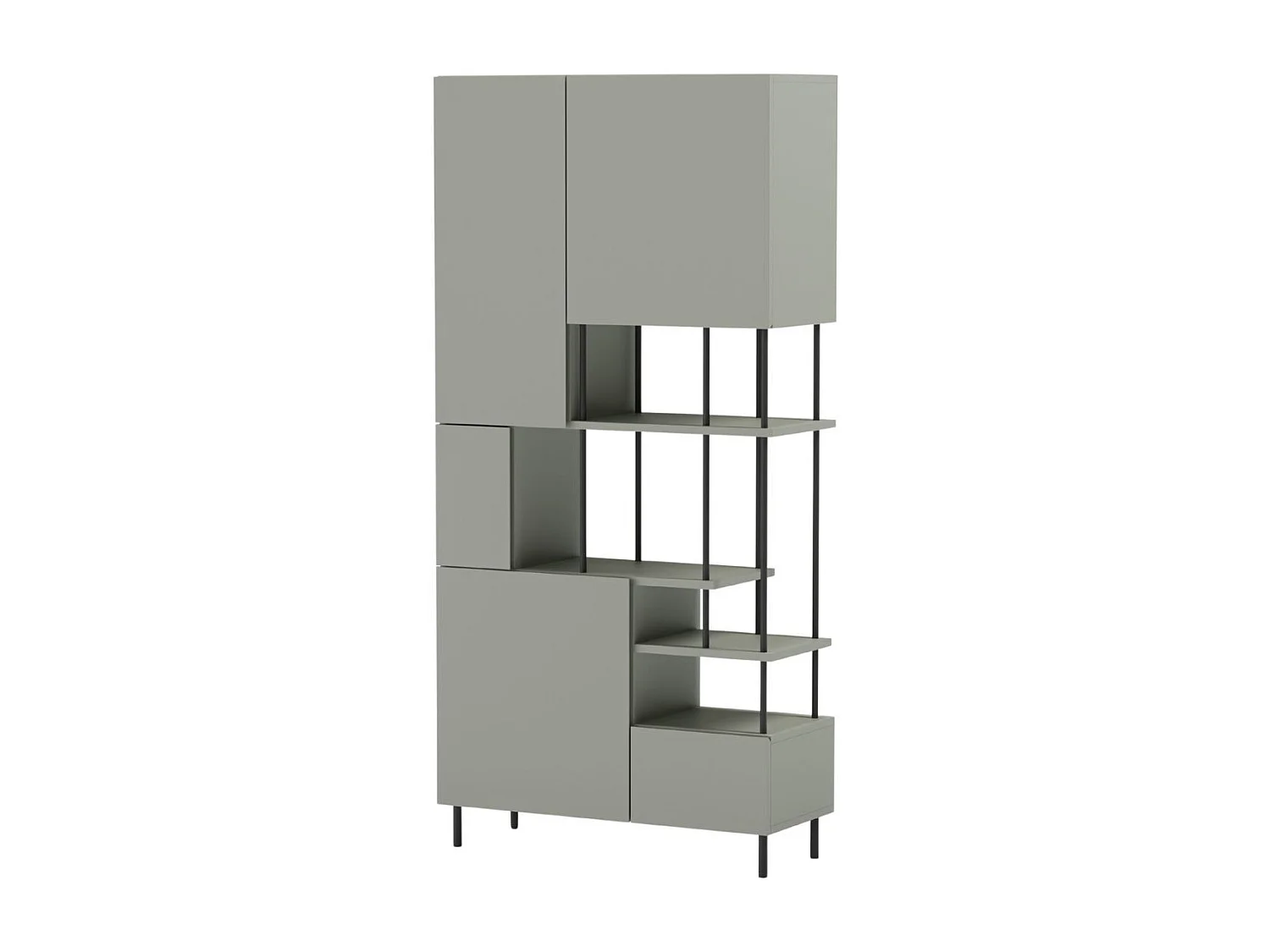 Etagère graphique et asymétrique semi-ouverte 5 portes en mélaminé vert sauge et métal noir - MANEL