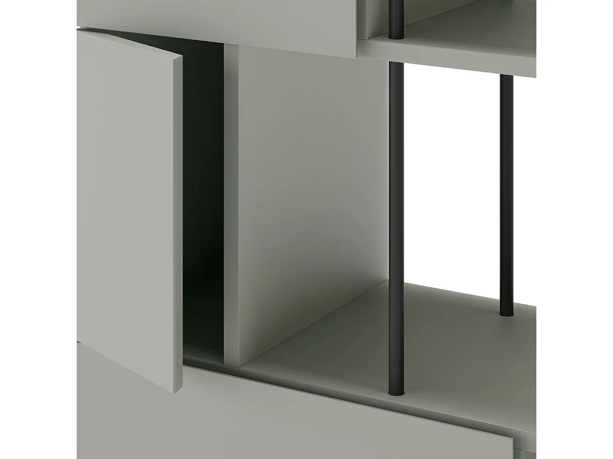 Etagère graphique et asymétrique semi-ouverte 5 portes en mélaminé vert sauge et métal noir - MANEL