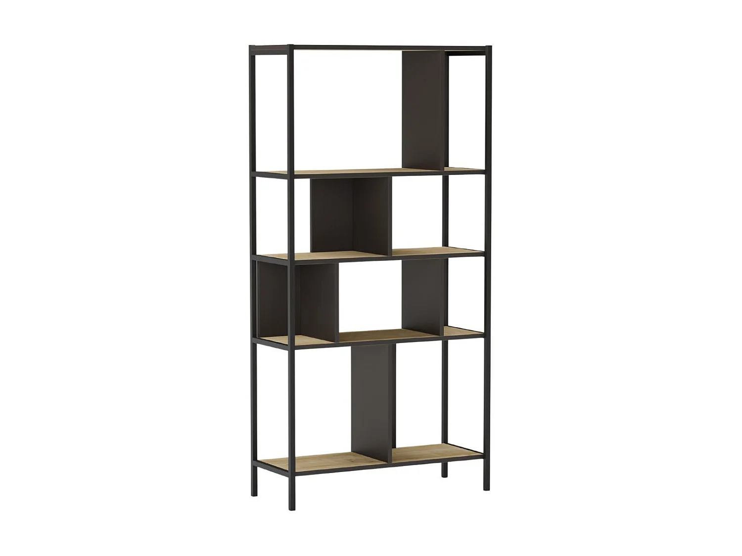 Etagère graphique 4 niveaux 88cm en mélaminé imitation bois et structure en métal laqué noir - ANTHEA