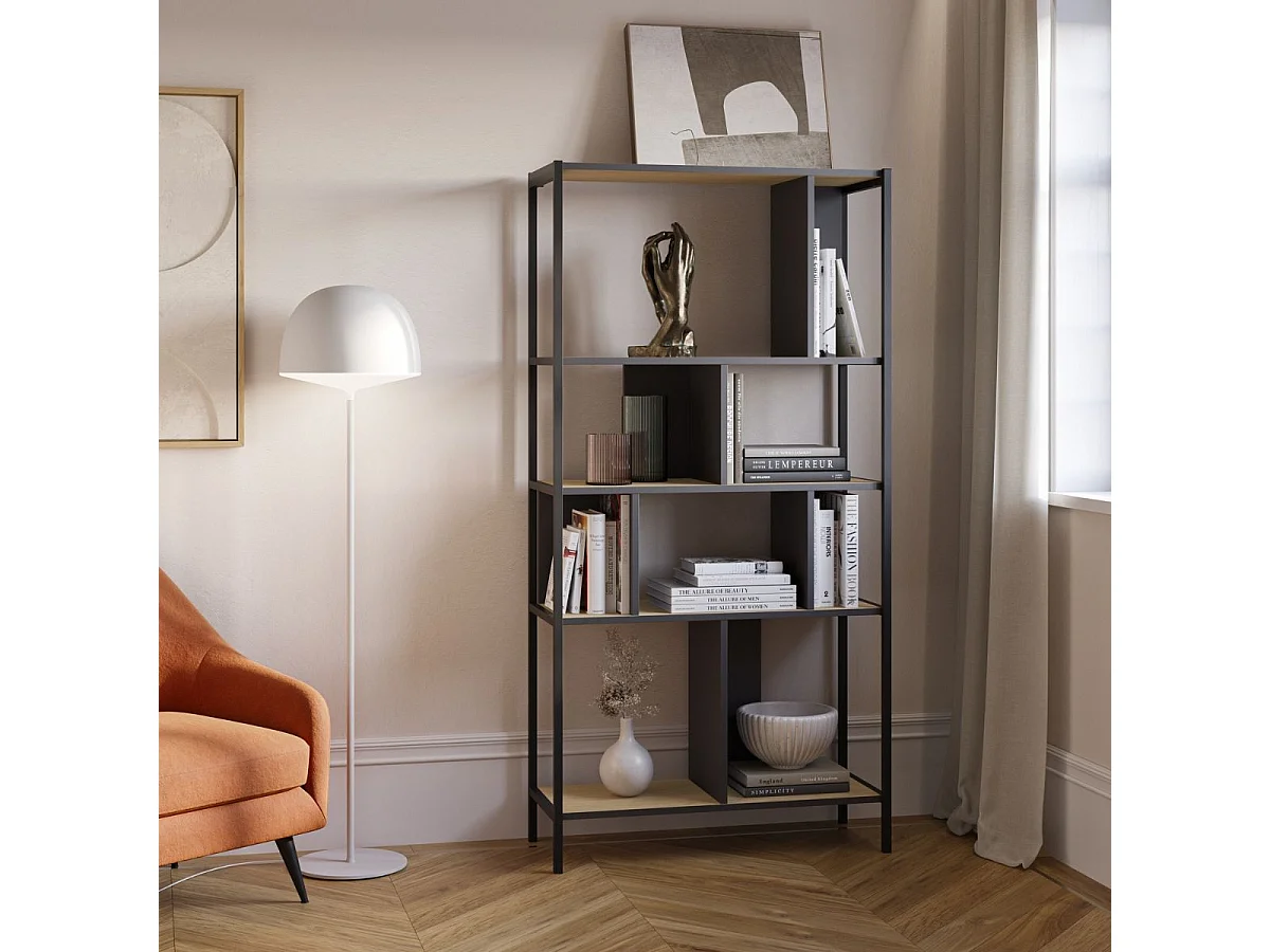 Etagère graphique 4 niveaux 88cm en mélaminé imitation bois et structure en métal laqué noir - ANTHEA