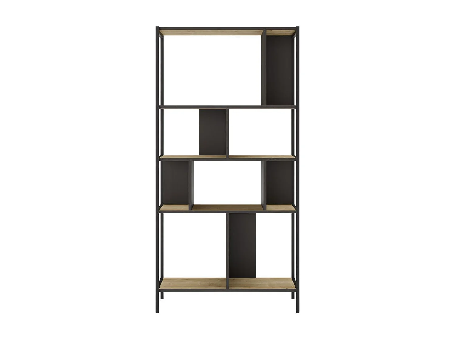 Etagère graphique 4 niveaux 88cm en mélaminé imitation bois et structure en métal laqué noir - ANTHEA