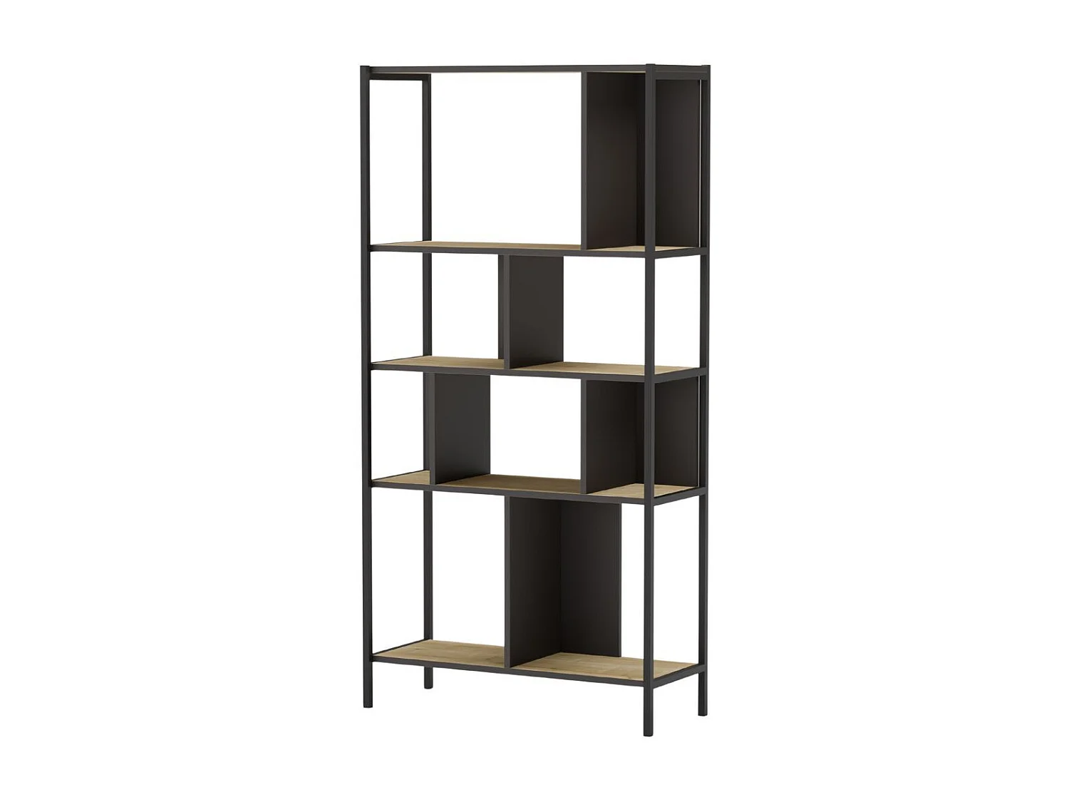 Etagère graphique 4 niveaux 88cm en mélaminé imitation bois et structure en métal laqué noir - ANTHEA