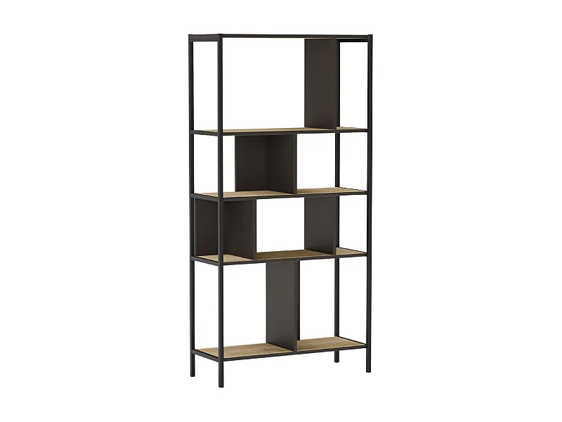 Etagère graphique 4 niveaux 88cm en mélaminé imitation bois et structure en métal laqué noir - ANTHEA