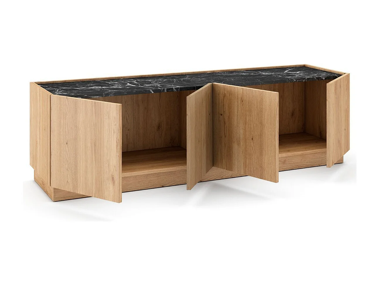 Meuble TV 4 portes 160cm en mélaminé imitation bois et marbre noir - ODALYS