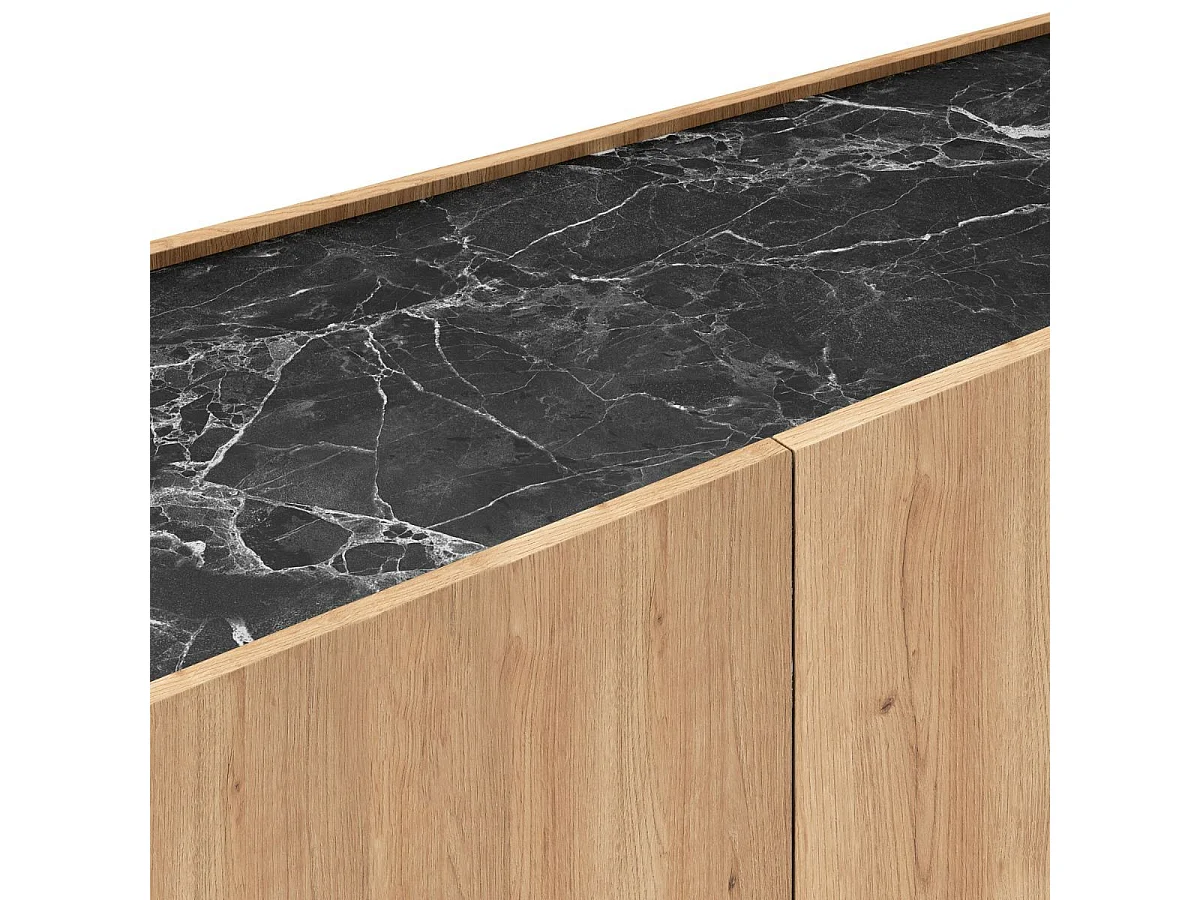 Meuble TV 4 portes 160cm en mélaminé imitation bois et marbre noir - ODALYS