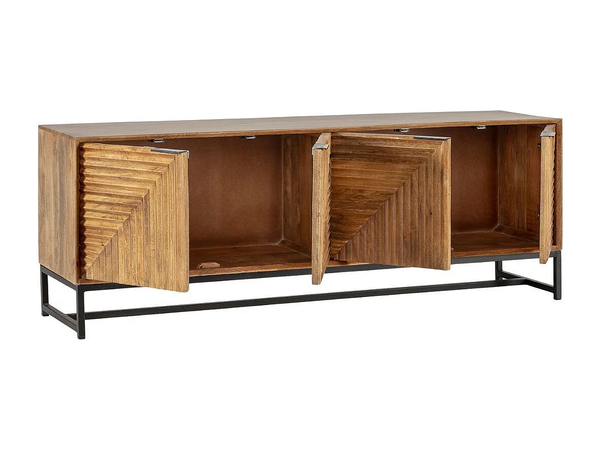 Meuble TV 4 portes en manguier massif relief  graphique oblique piètement métal laqué noir - NERIA