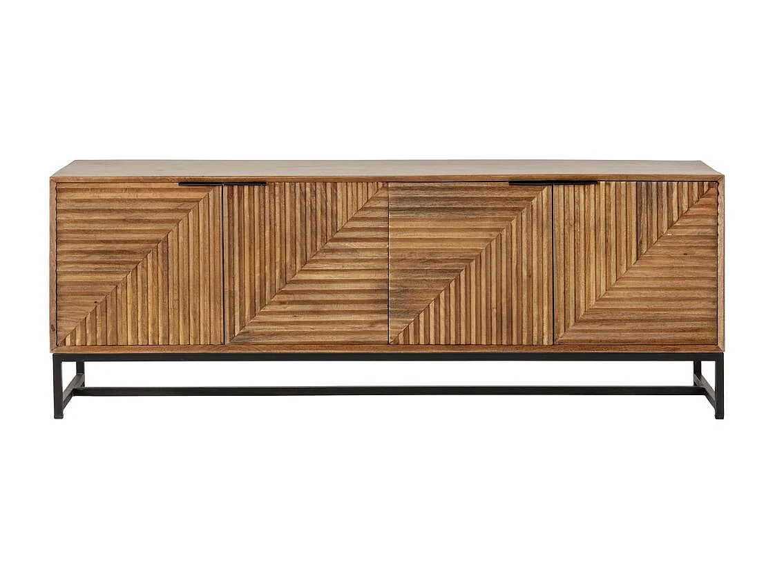 Meuble TV 4 portes en manguier massif relief  graphique oblique piètement métal laqué noir - NERIA