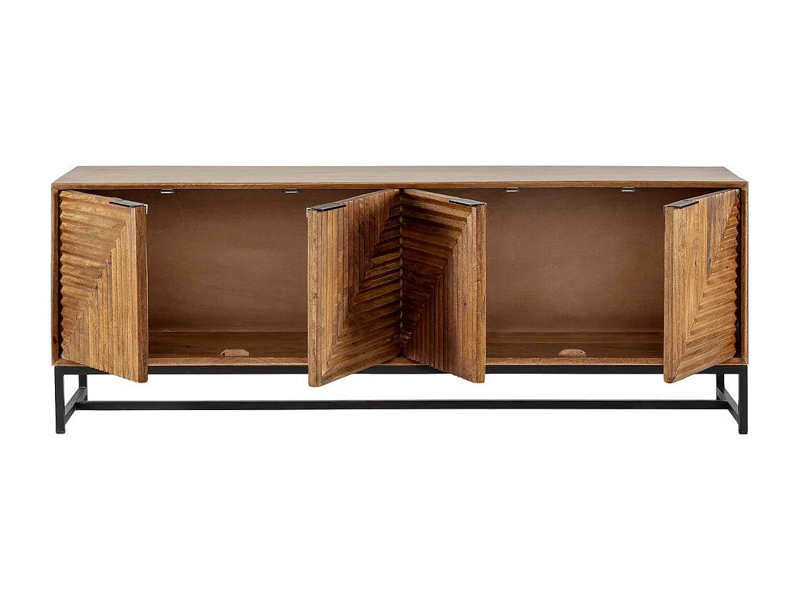 Meuble TV 4 portes en manguier massif relief  graphique oblique piètement métal laqué noir - NERIA