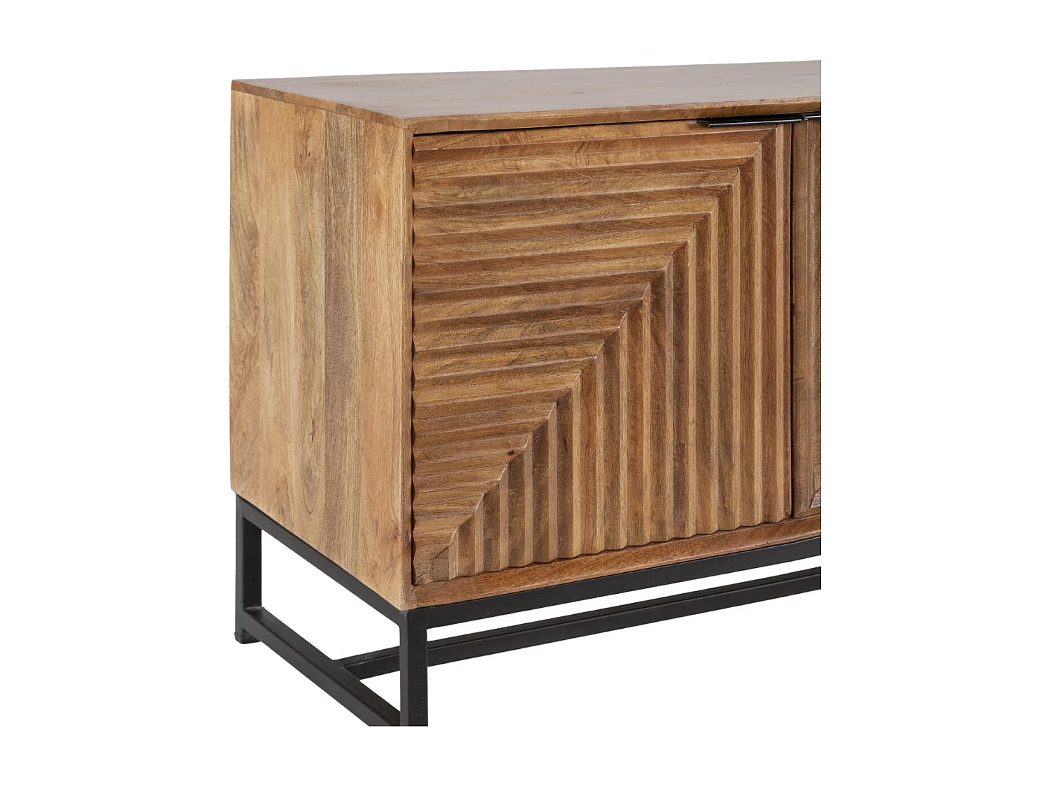 Meuble TV 4 portes en manguier massif relief  graphique oblique piètement métal laqué noir - NERIA