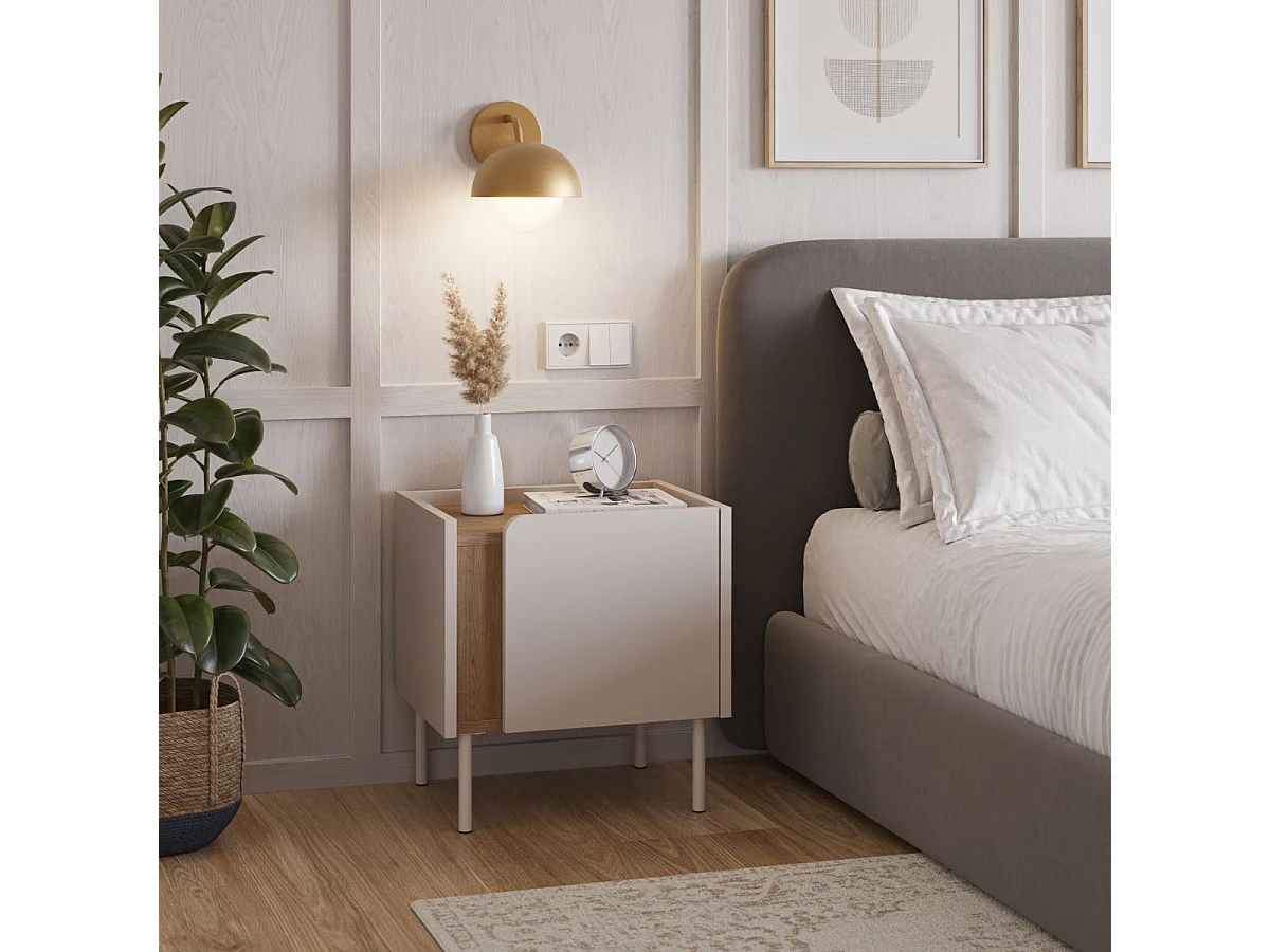 Chevet 1 porte en mélaminé beige et imitation bois avec découpe graphique bandeau - LIWENN