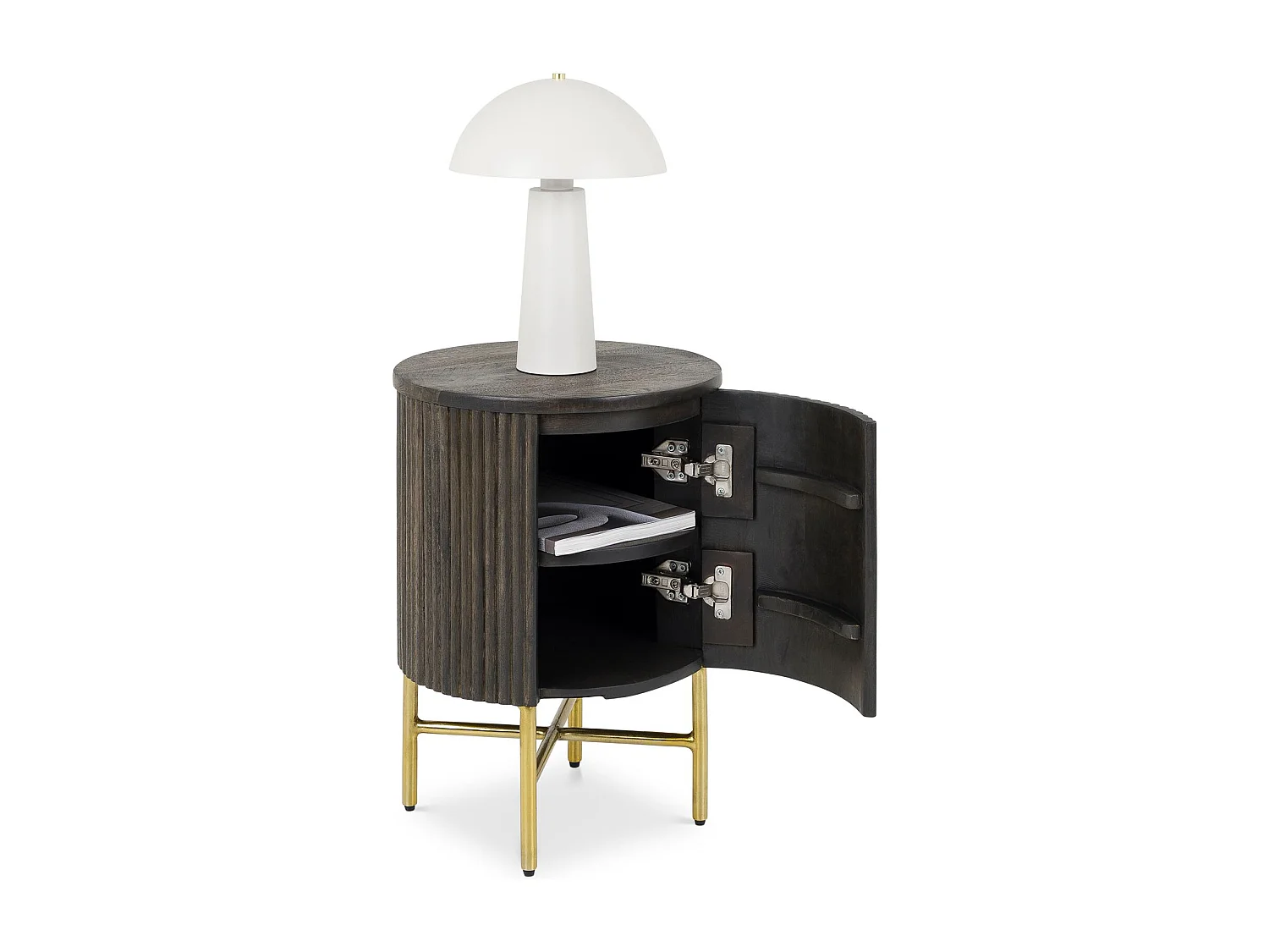 Table de Chevet FLUTED H 52 cm en Bois Massif Brun avec 1 Porte, Table de Nuit au Style Cannelé avec Rangement Pratique