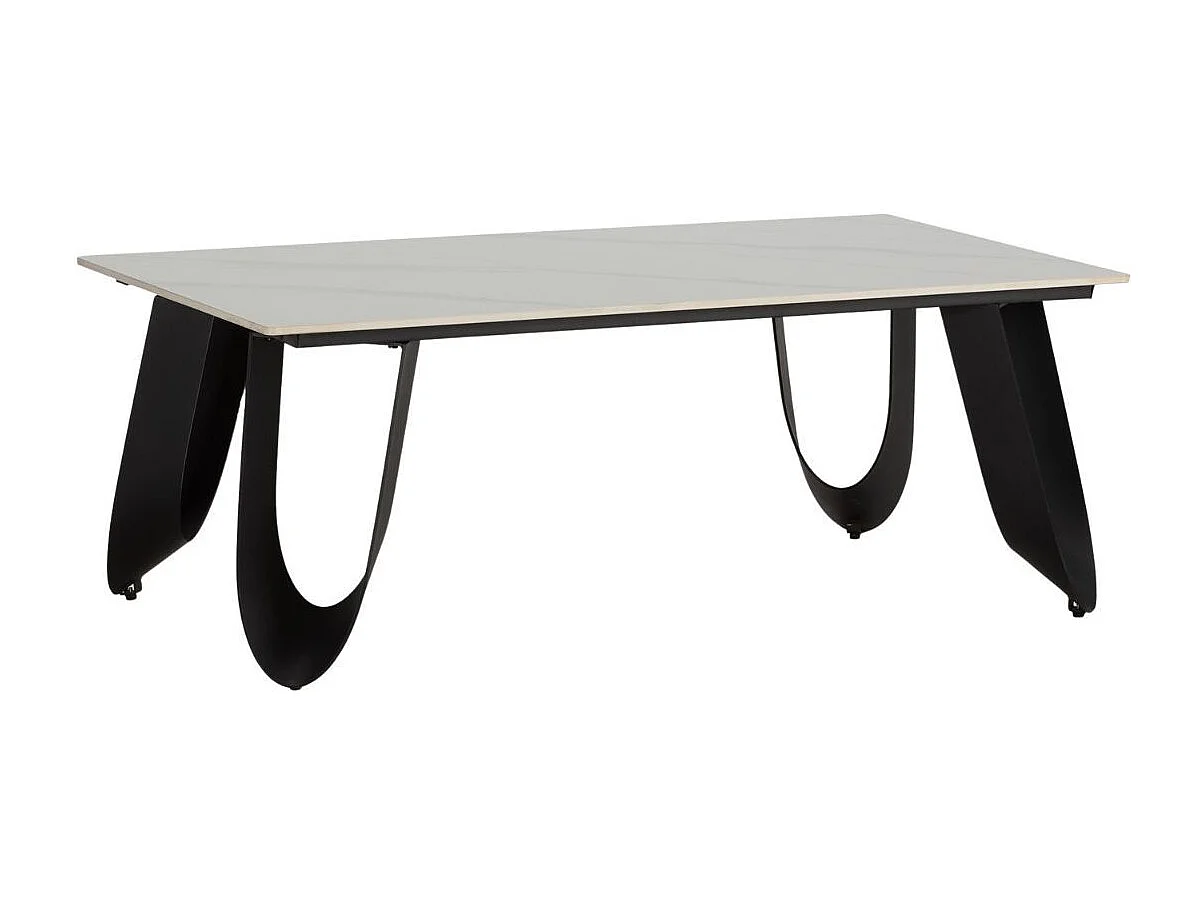Table basse design rectangulaire avec plateau céramique imitation marbre blanc pied métal noir architectural  - LEILA