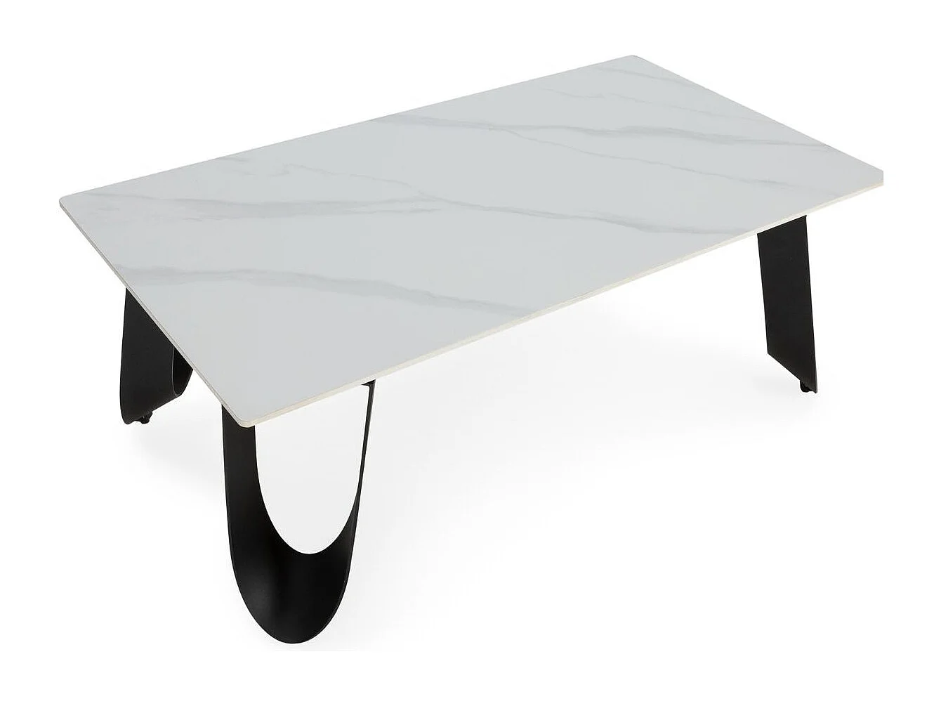 Table basse design rectangulaire avec plateau céramique imitation marbre blanc pied métal noir architectural  - LEILA